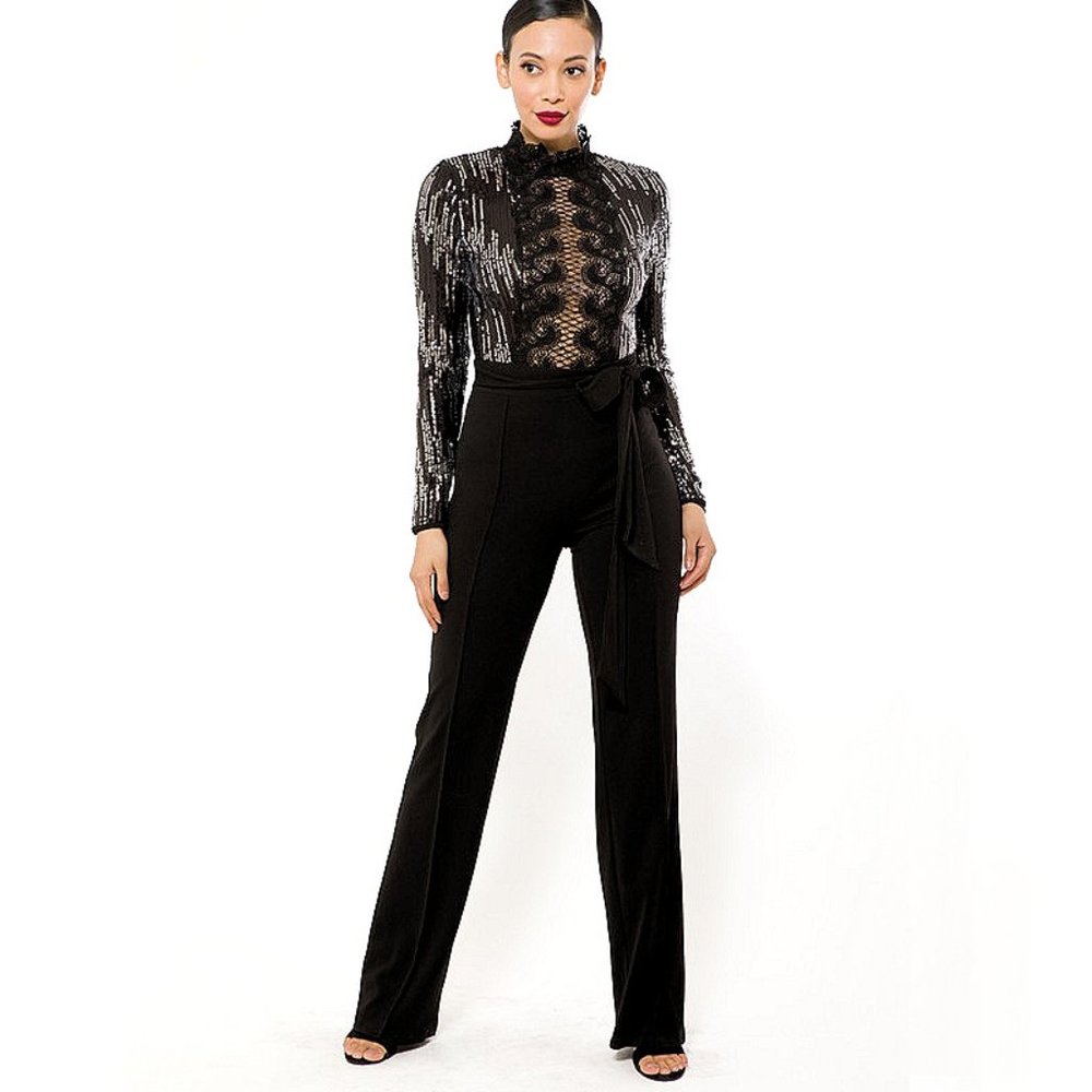 Black Sequined Long-Sleeve Jumpsuit with Tie Waist